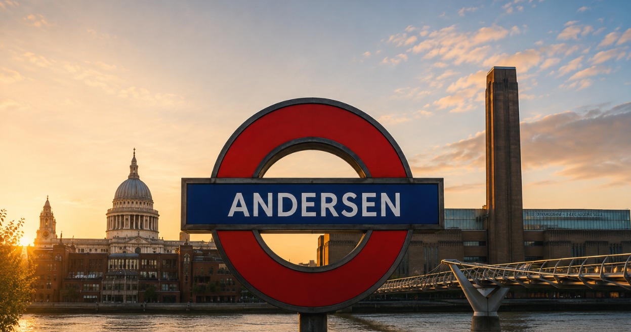 London ved Themsen med Andersen Underground-skilt